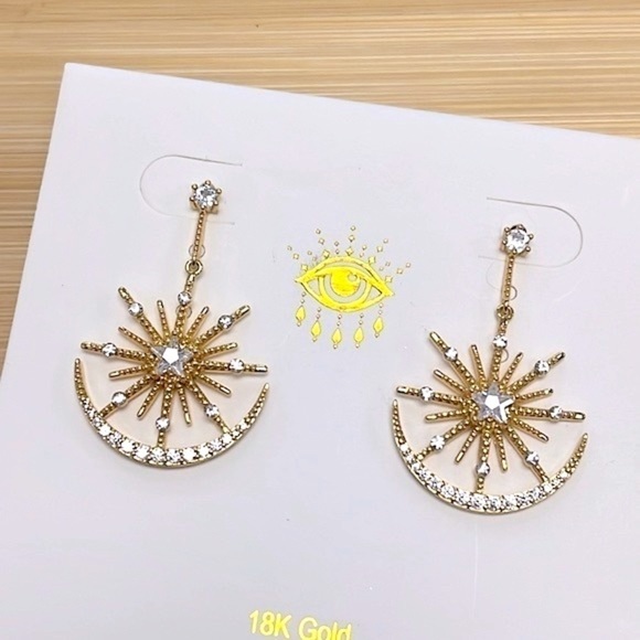 Brand New Eye Candy 18K Gold Plated Star Crescent Moon Rhinestone Drop Earrings - Picture 7 of 14